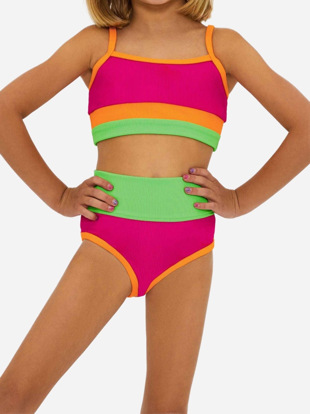 Beach Riot Girls Eva & Emmie Bright Pink, Orange & Lime Colorblock Bikini 💗NWT💗